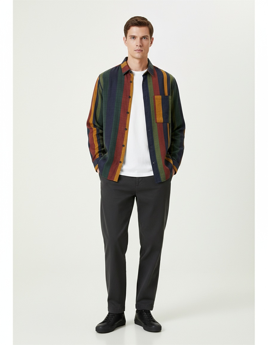 Men's Striped Breathable Cotton Linen Long Sleeve Shirt Contrast Color Casual Top