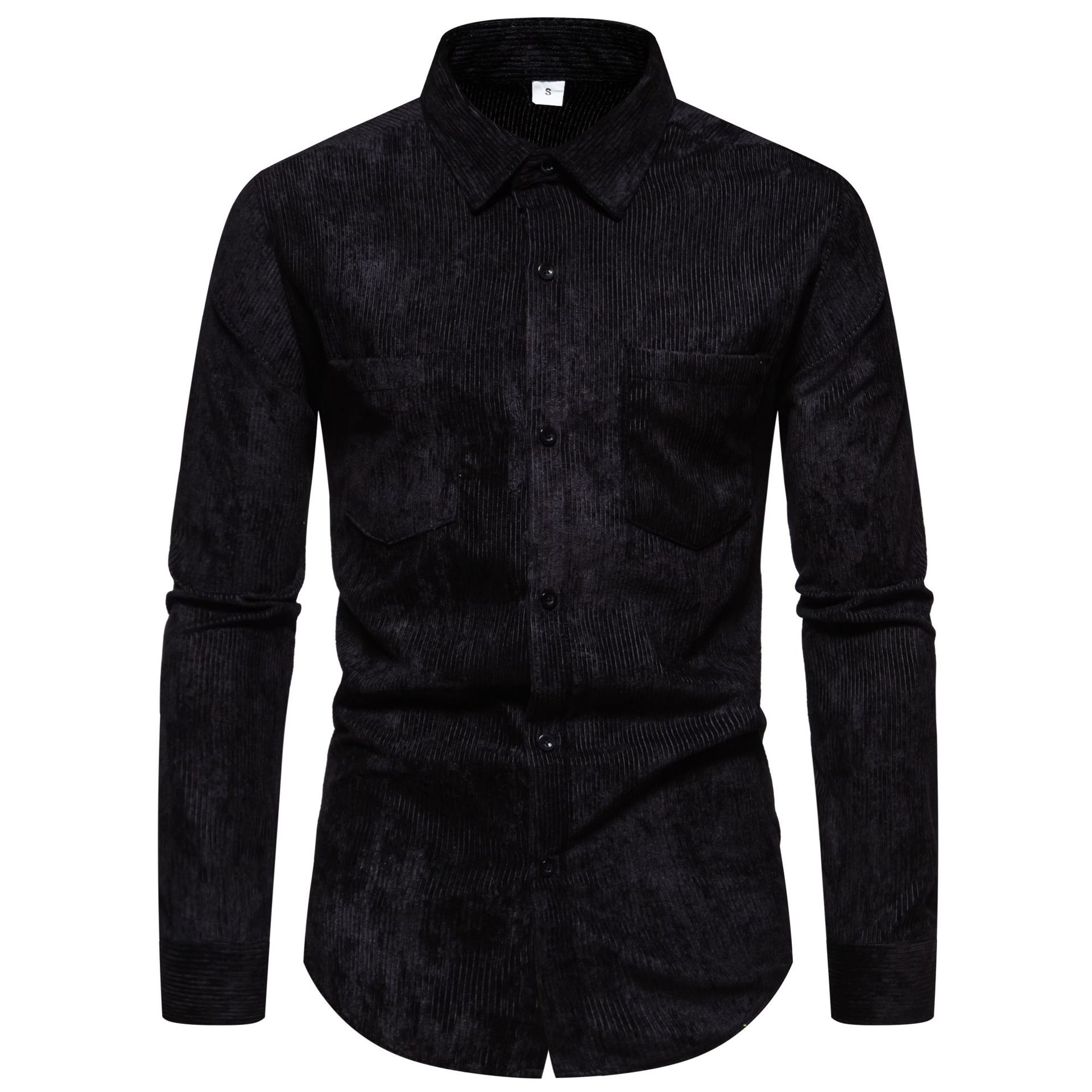 Chemise homme vintage en velours côtelé à manches longues et boutons - Couleur unie