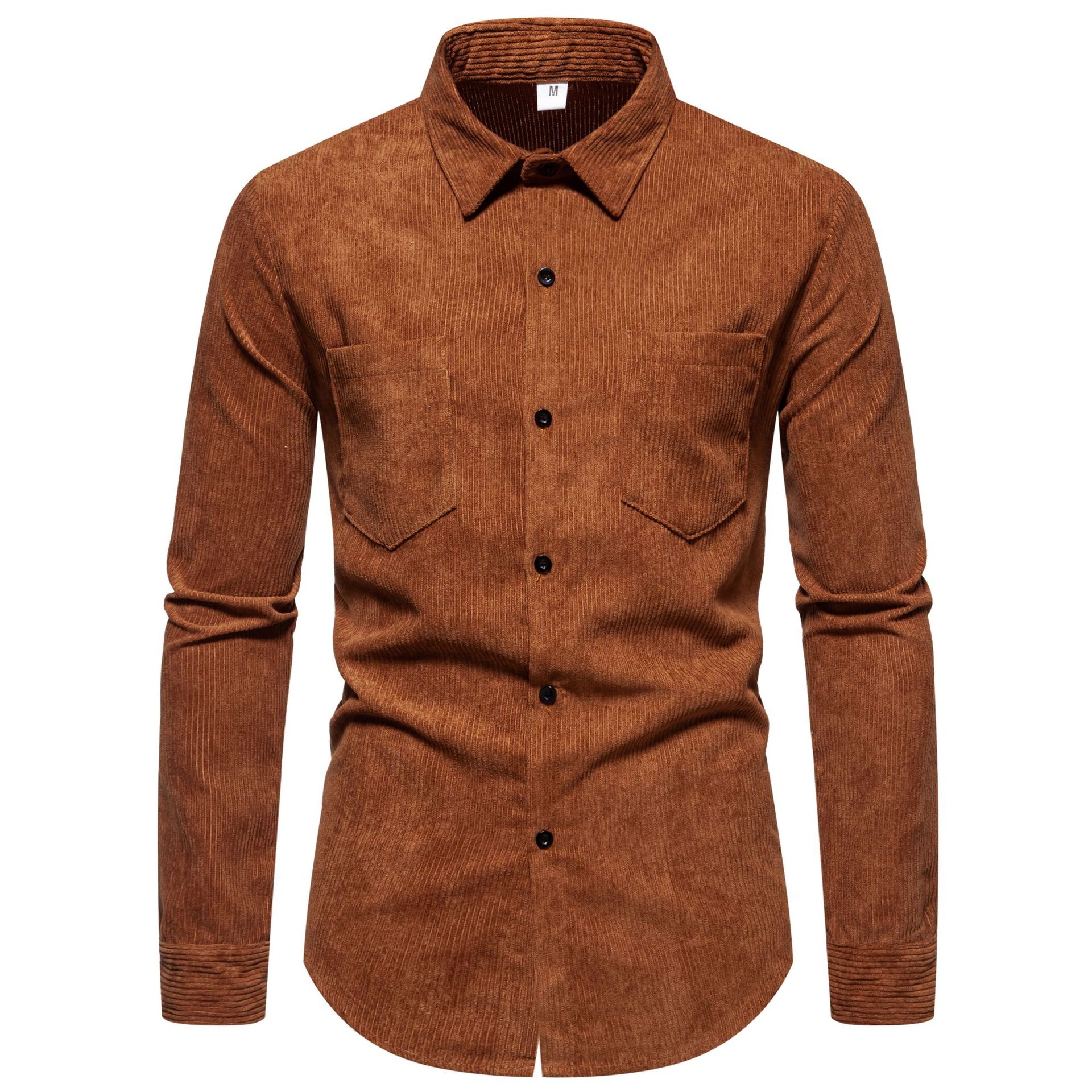Chemise homme vintage en velours côtelé à manches longues et boutons - Couleur unie
