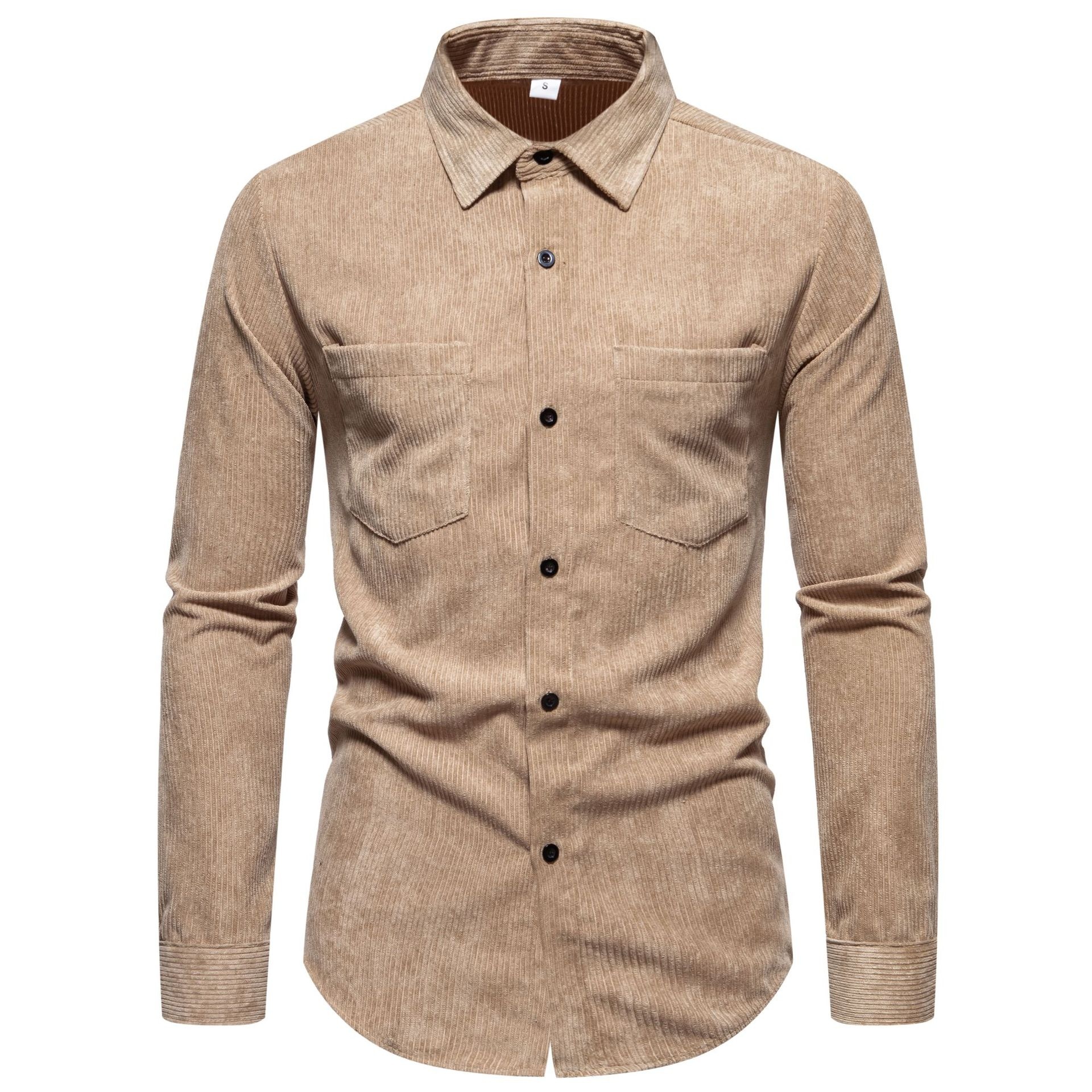 Chemise homme vintage en velours côtelé à manches longues et boutons - Couleur unie