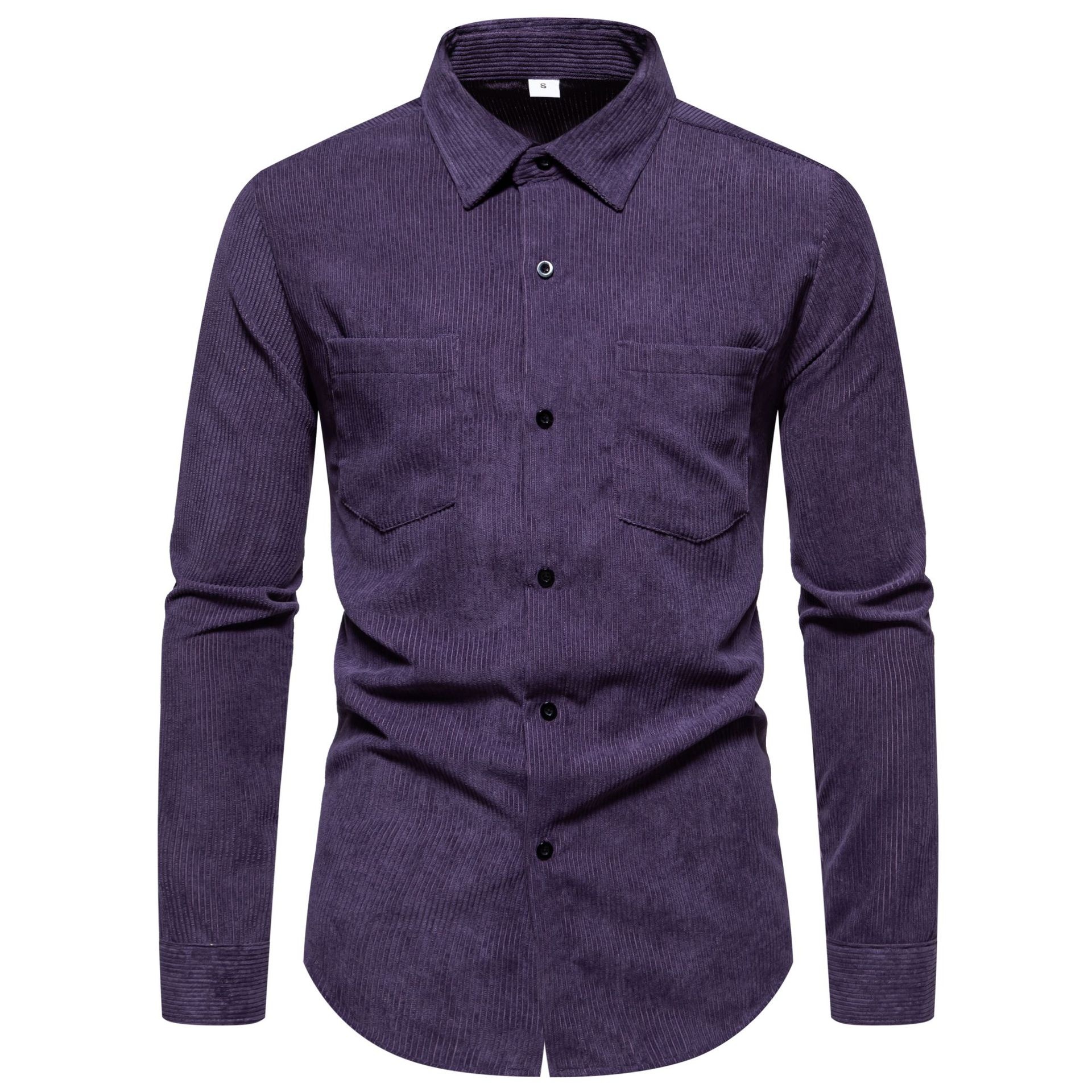 Chemise homme vintage en velours côtelé à manches longues et boutons - Couleur unie