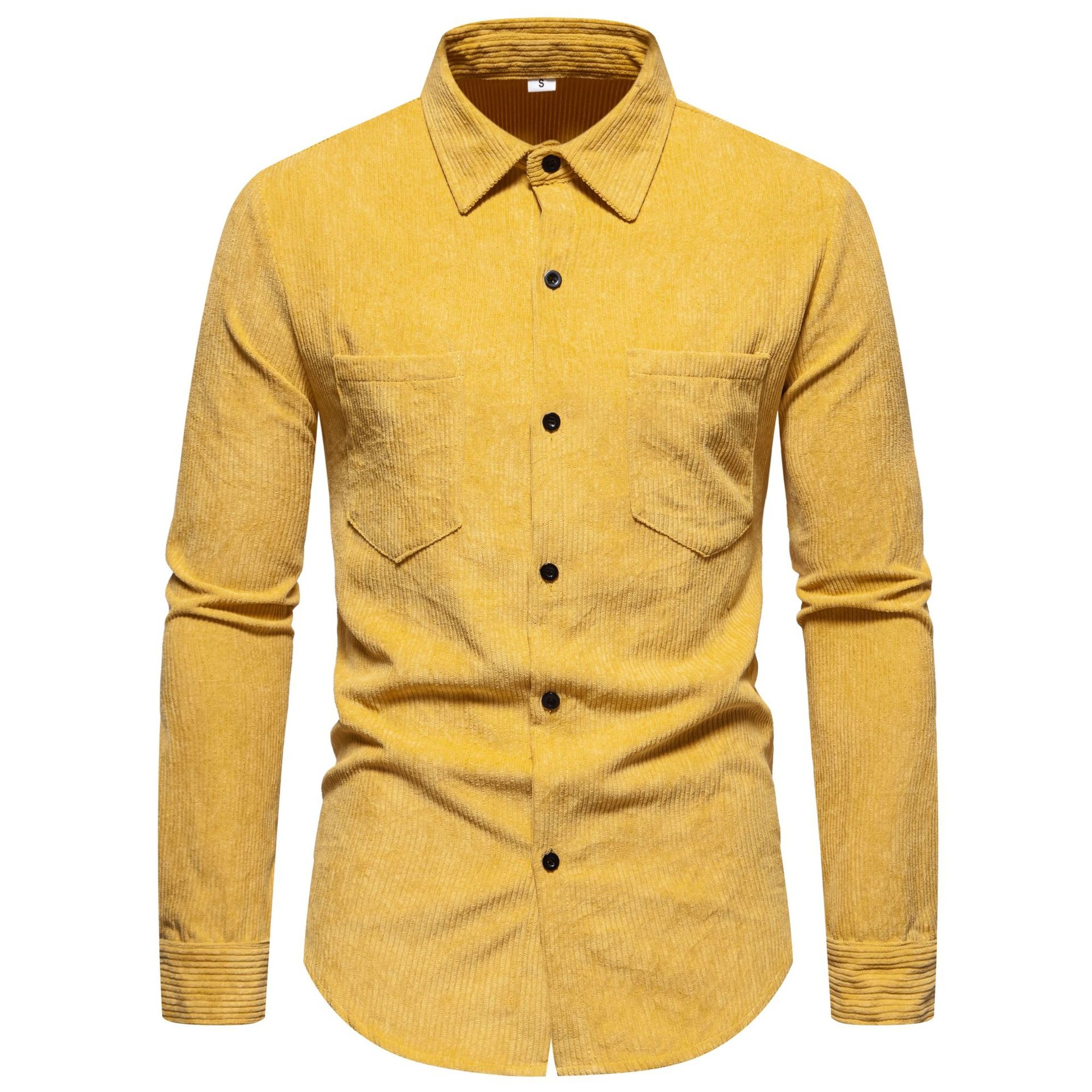 Chemise homme vintage en velours côtelé à manches longues et boutons - Couleur unie