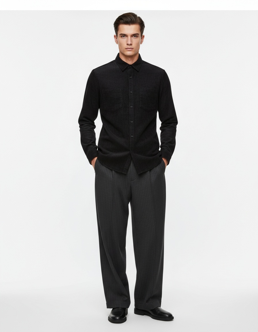 Chemise homme vintage en velours côtelé à manches longues et boutons - Couleur unie