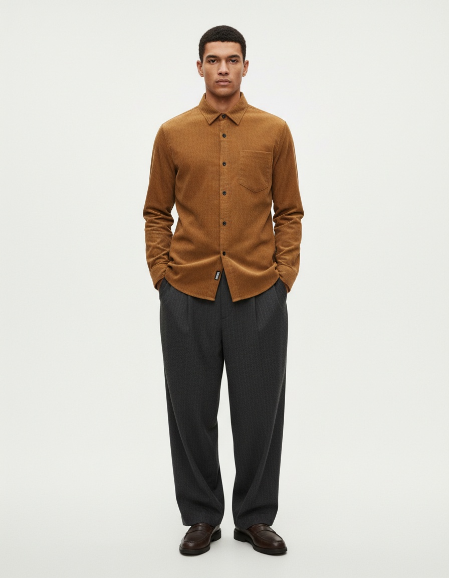 Chemise homme vintage en velours côtelé à manches longues et boutons - Couleur unie