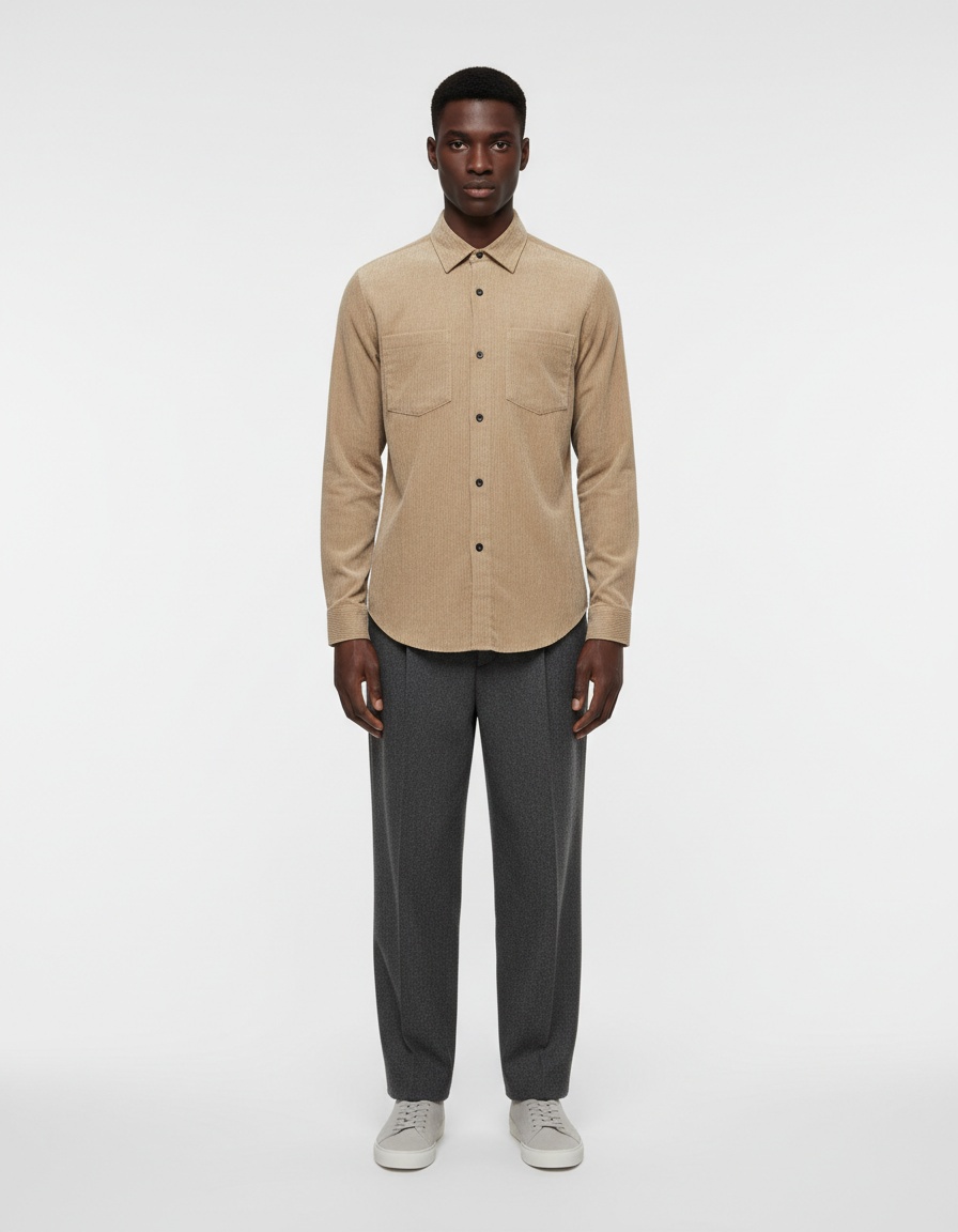 Chemise homme vintage en velours côtelé à manches longues et boutons - Couleur unie