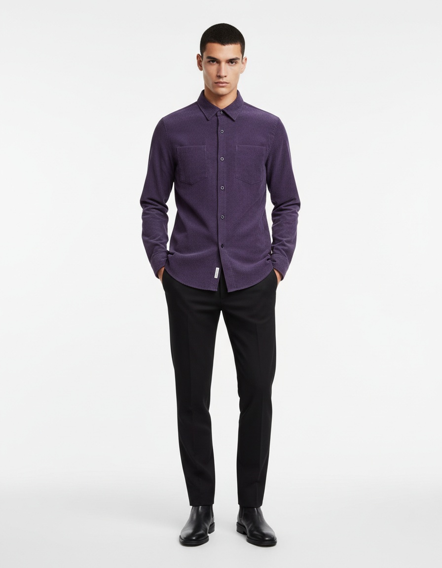 Chemise homme vintage en velours côtelé à manches longues et boutons - Couleur unie