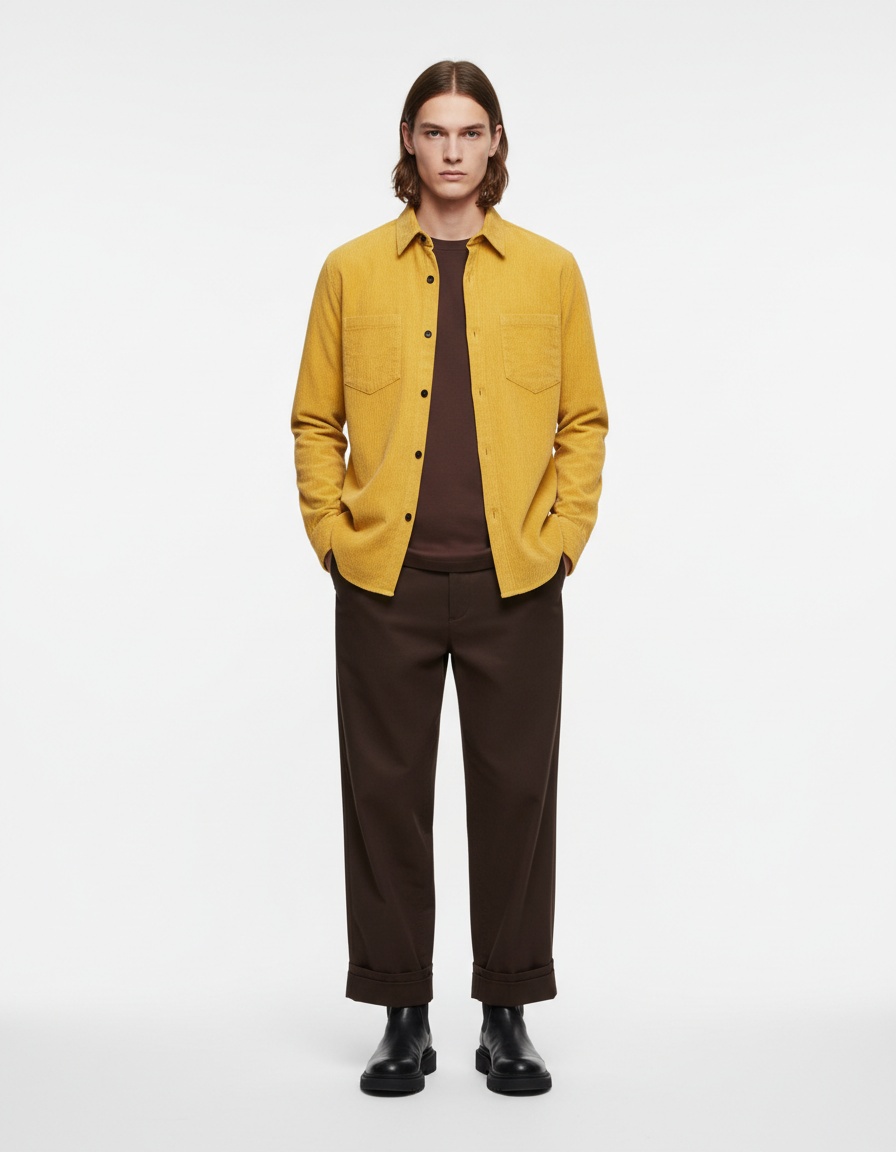 Chemise homme vintage en velours côtelé à manches longues et boutons - Couleur unie