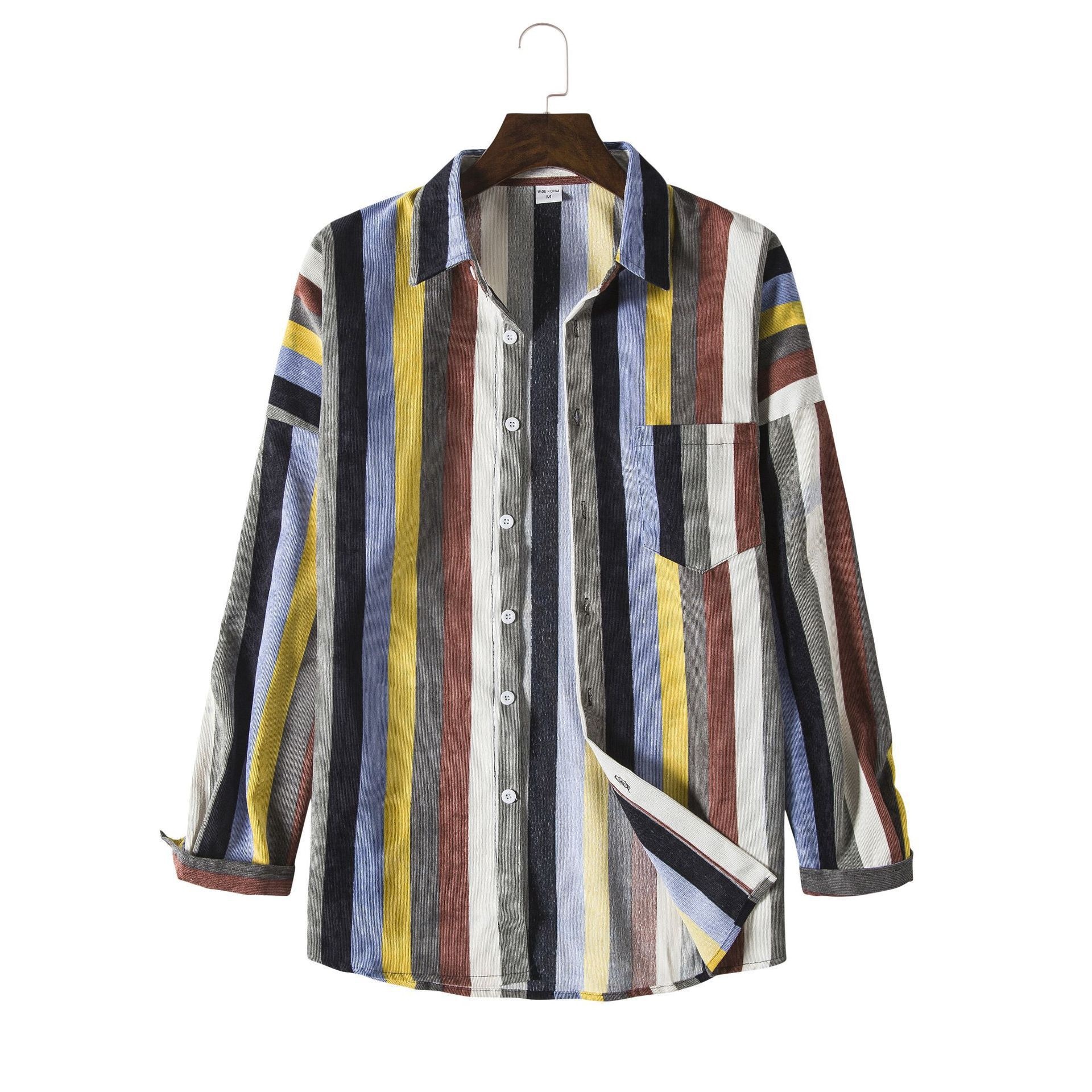 Men's Contrast Striped Corduroy Long Sleeve Shirt