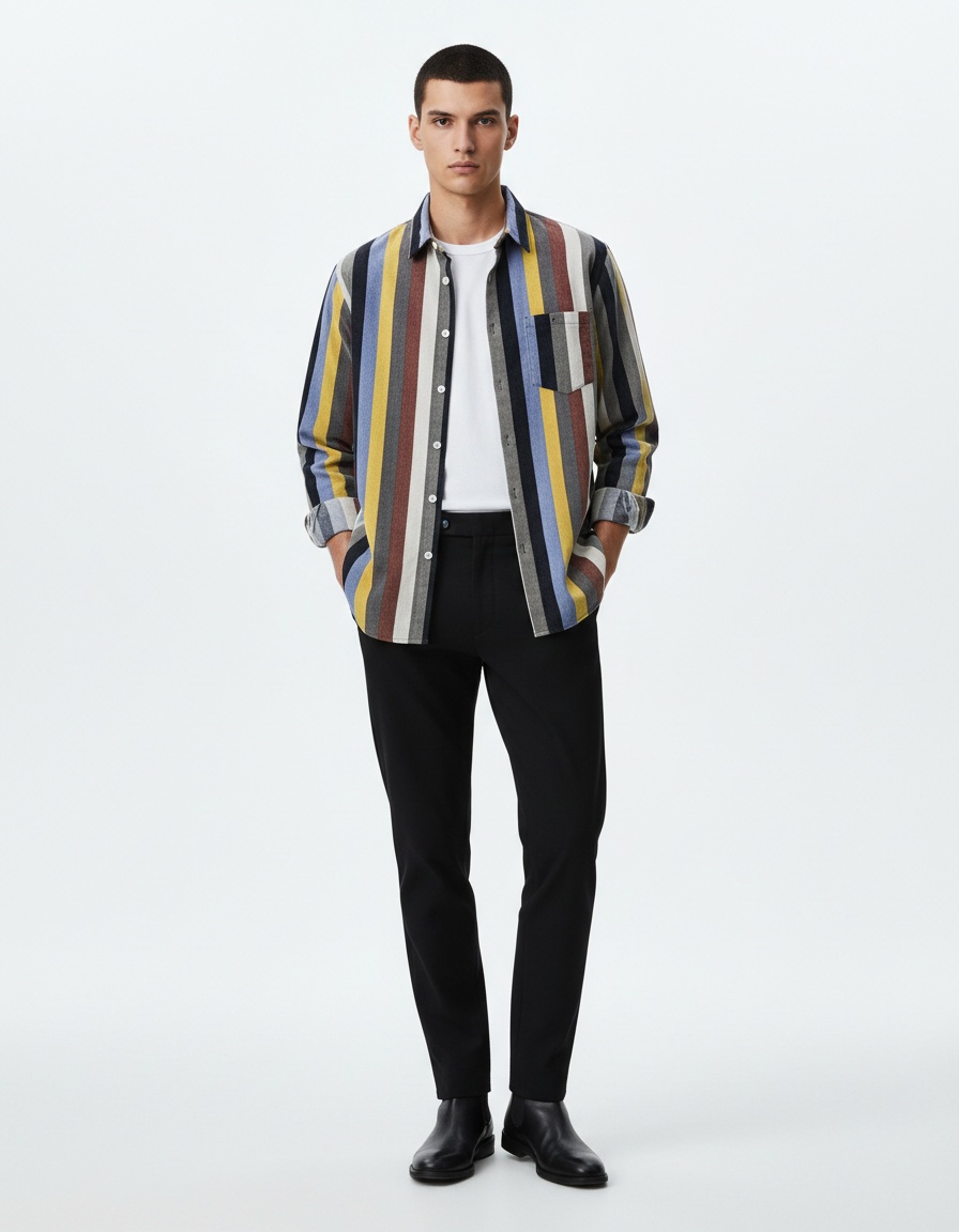 Men's Contrast Striped Corduroy Long Sleeve Shirt