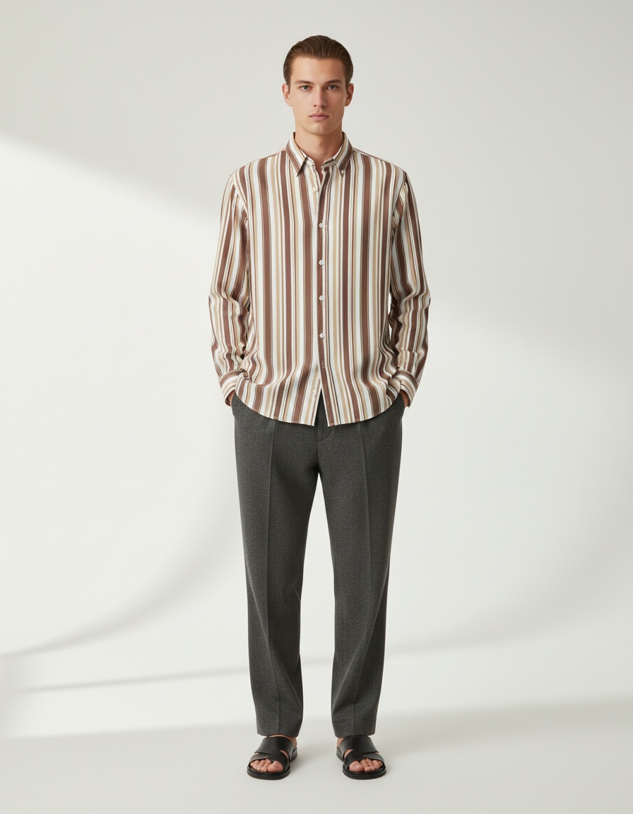 Men's Slim Fit Striped Turn-down Collar Long Sleeve  Shirt