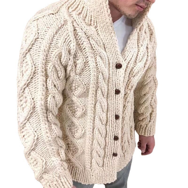 Men's Heavyweight Cable Stand Collar Jacquard Knit Cardigan