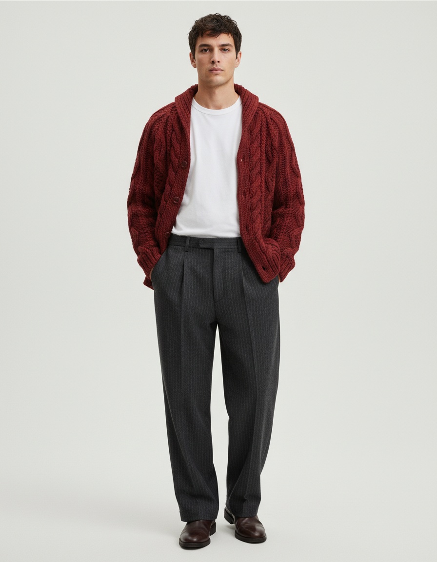 Men's Heavyweight Cable Stand Collar Jacquard Knit Cardigan