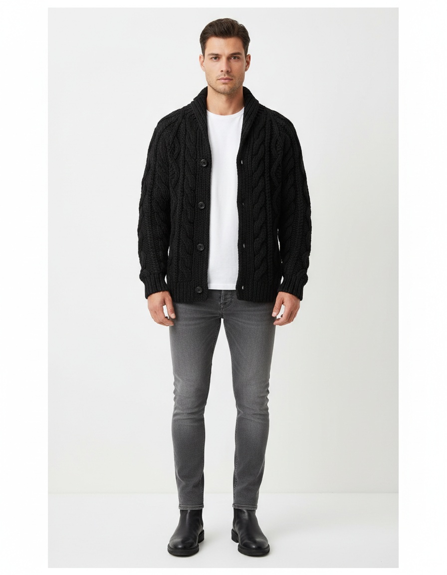 Men's Heavyweight Cable Stand Collar Jacquard Knit Cardigan