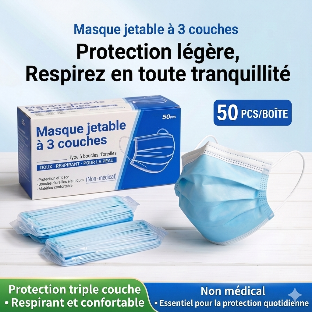 Masques faciaux jetables anti-virus 3 couches pour adultes, efficacité de filtration bactérienne (EFB) ≥ 95 %, boîte de 50 masques emballés individuellement