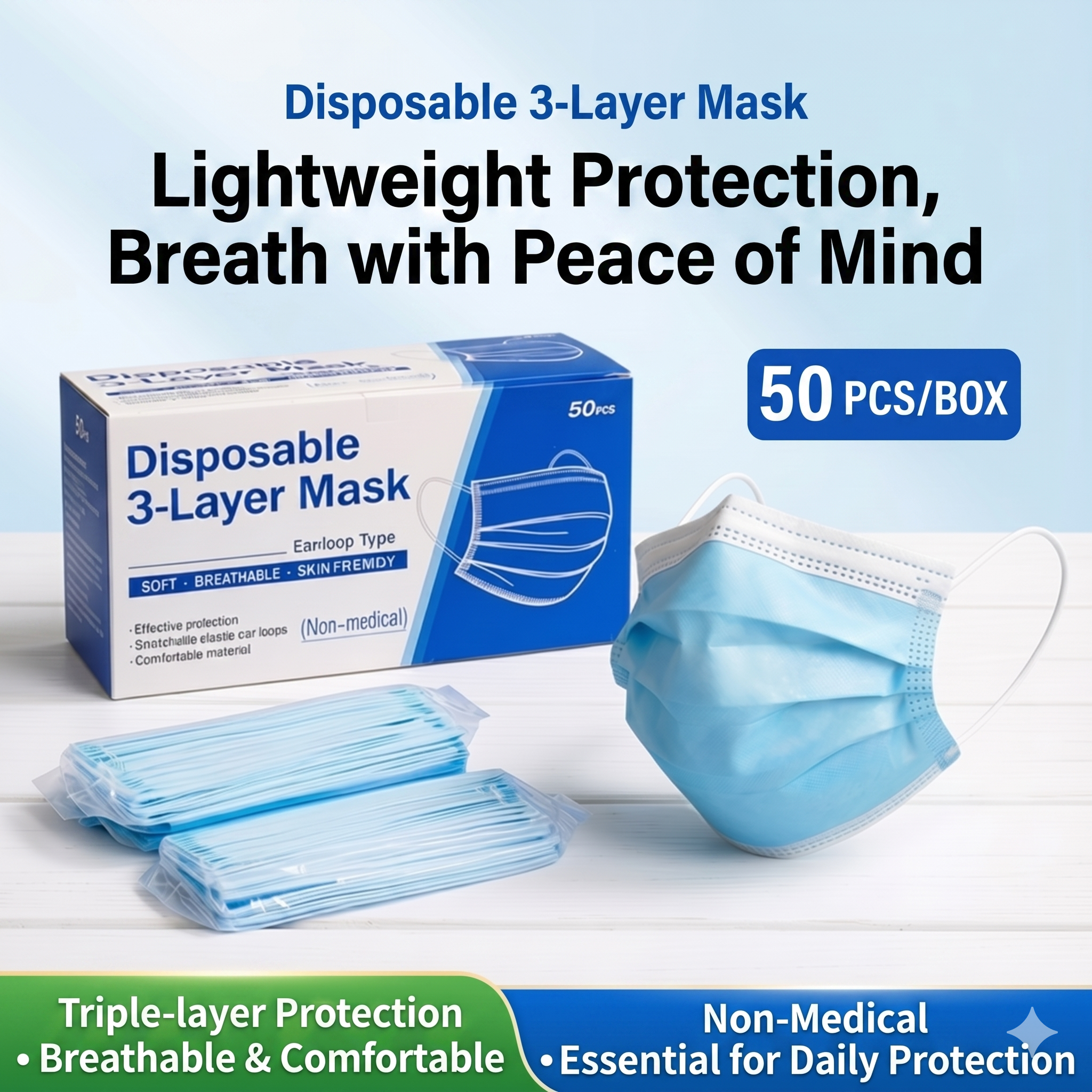BFE≥95% Antivirus 3-laags wegwerpgezichtsmaskers voor volwassenen, 50 stuks/doos, individueel verpakt