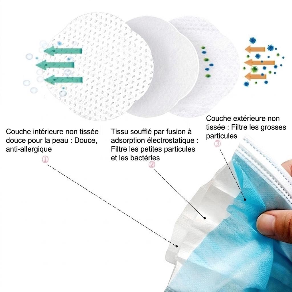 Masques faciaux jetables anti-virus 3 couches pour adultes, efficacité de filtration bactérienne (EFB) ≥ 95 %, boîte de 50 masques emballés individuellement