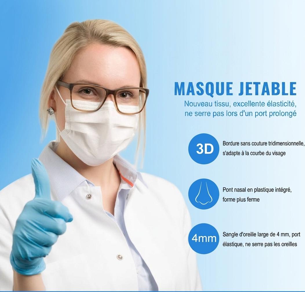 Masques faciaux jetables anti-virus 3 couches pour adultes, efficacité de filtration bactérienne (EFB) ≥ 95 %, boîte de 50 masques emballés individuellement