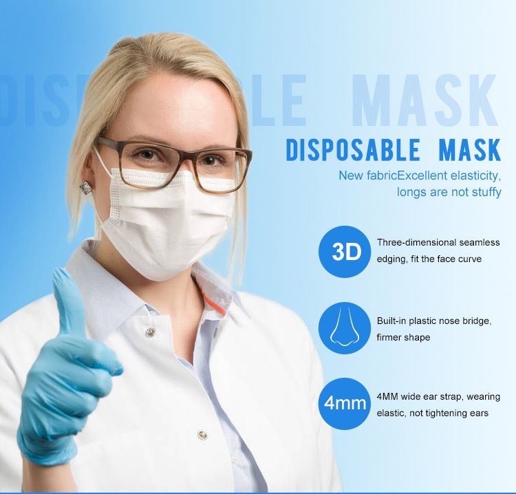 BFE≥95% Antivirus 3-laags wegwerpgezichtsmaskers voor volwassenen, 50 stuks/doos, individueel verpakt