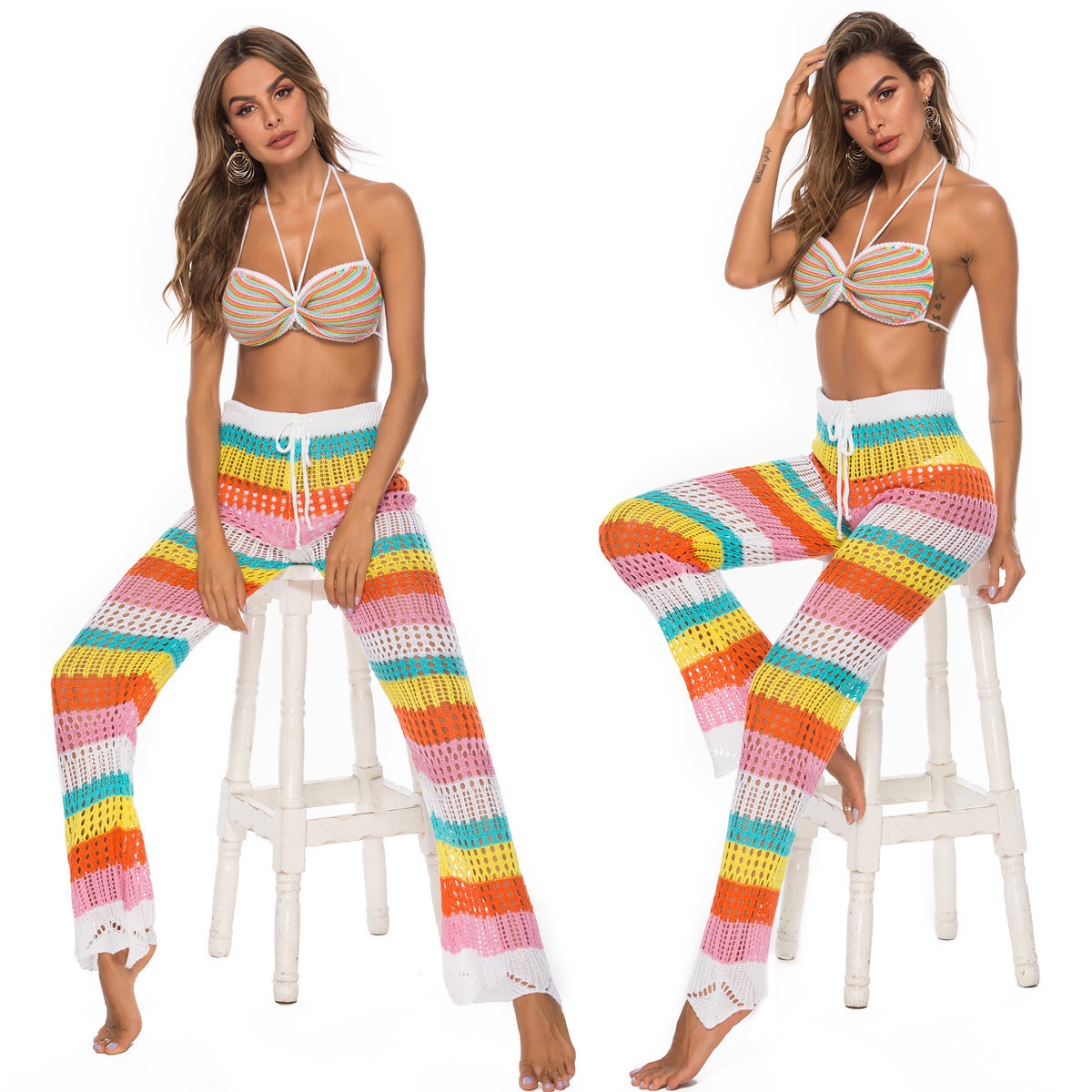 Rainbow Crochet Knit Halter Top & Wide Leg Pants Set