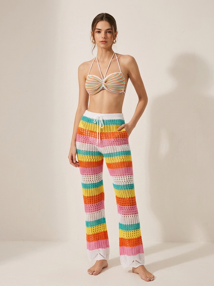 Rainbow Crochet Knit Halter Top & Wide Leg Pants Set