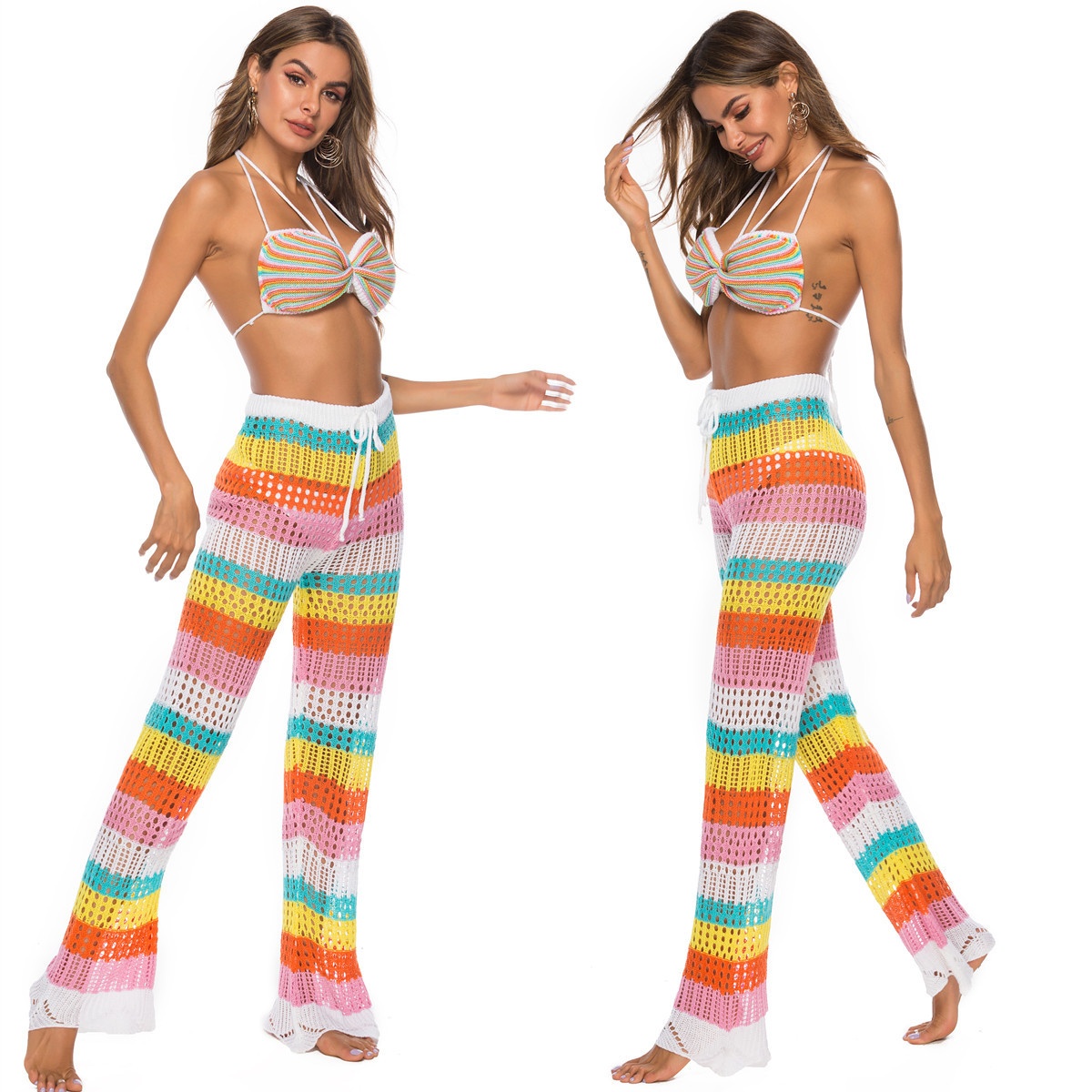 Rainbow Crochet Knit Halter Top & Wide Leg Pants Set
