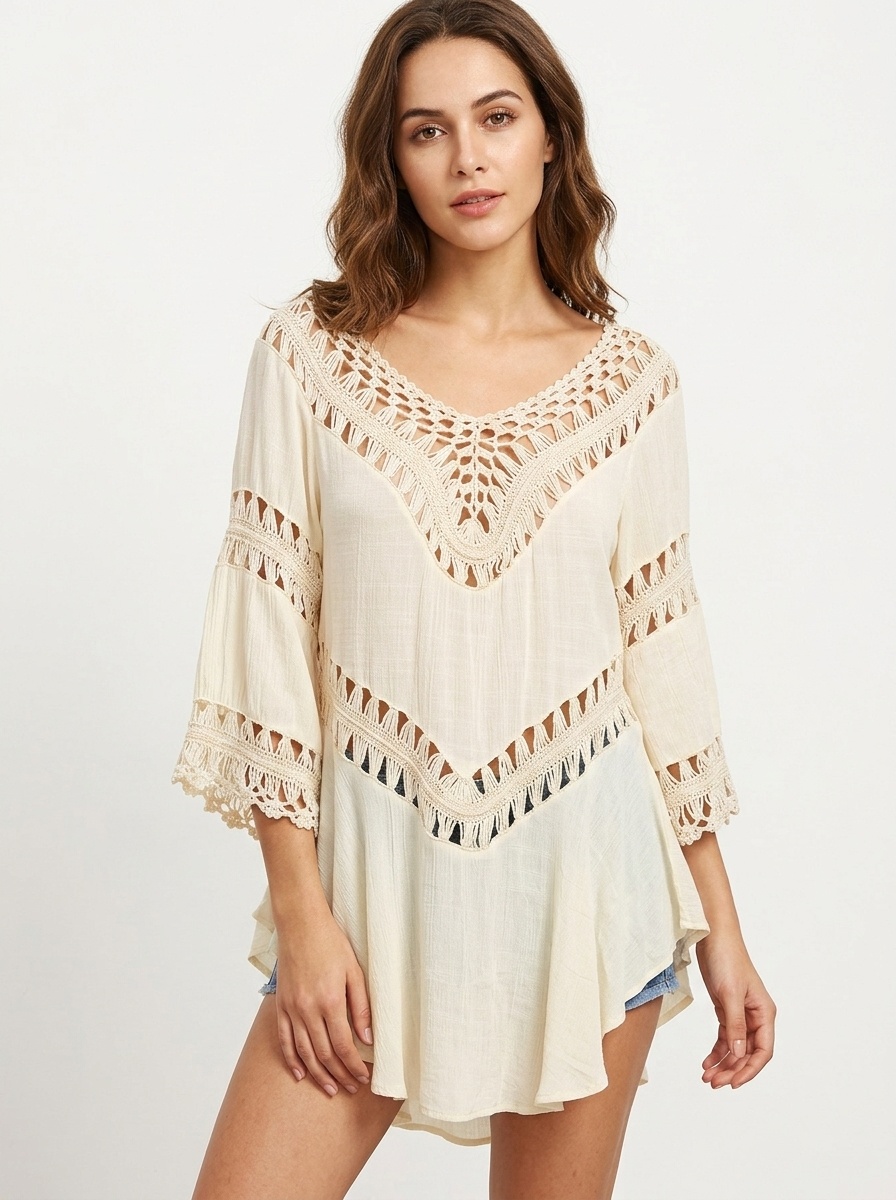 Boho Crochet V-Neck Tunic Top Beach Cover-Up