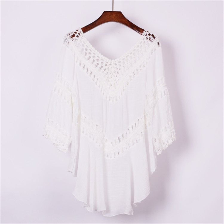Boho Crochet V-Neck Tunic Top Beach Cover-Up