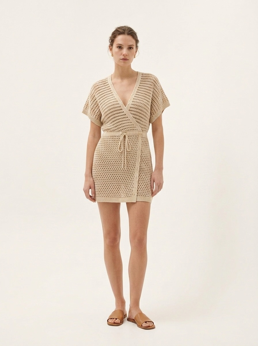 Crochet Knit V-Neck Beach Cover Up Dress with Drawstring