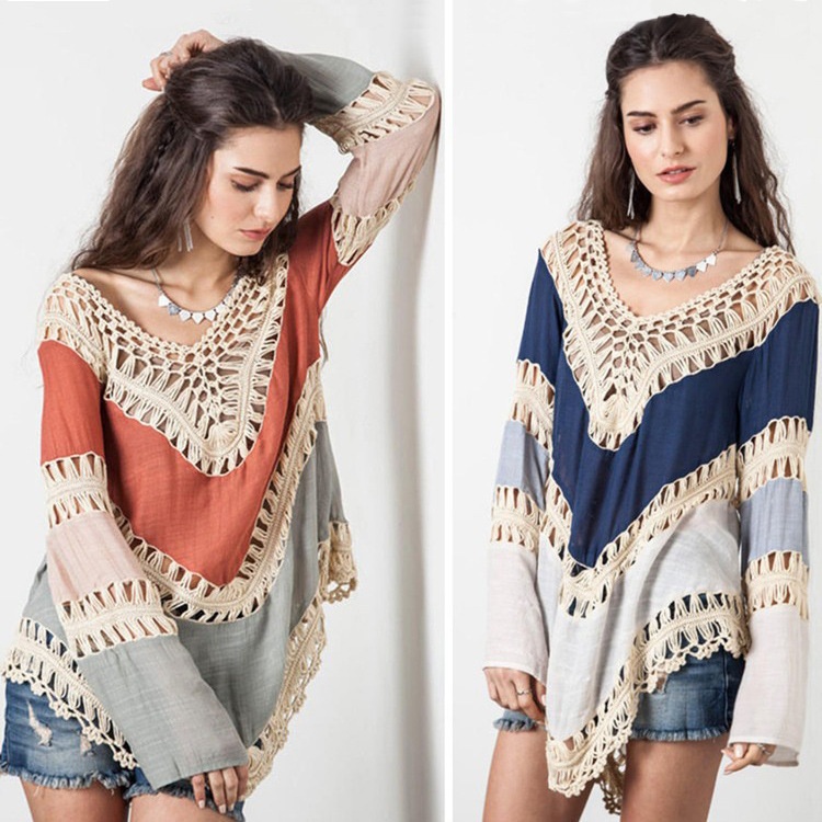 Boho Crochet Color Block Tunic Top - Long Sleeve V-Neck