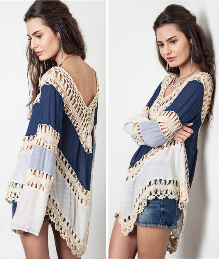 Boho Crochet Color Block Tunic Top - Long Sleeve V-Neck