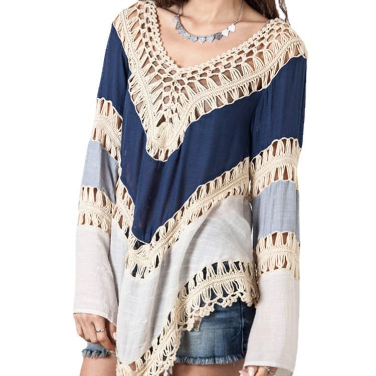 Boho Crochet Color Block Tunic Top - Long Sleeve V-Neck