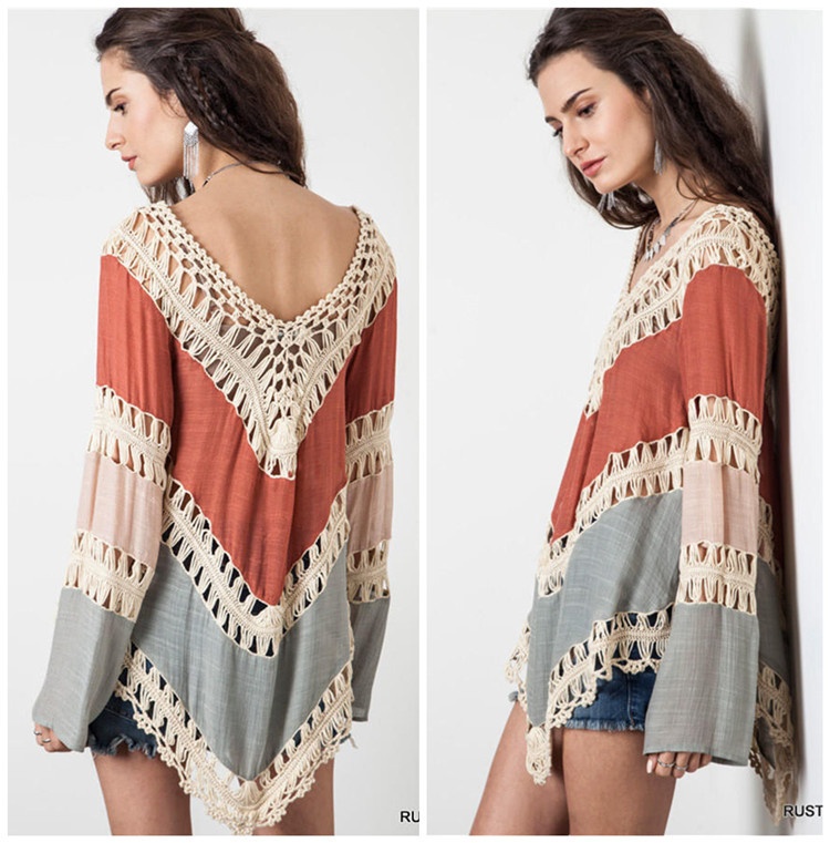 Boho Crochet Color Block Tunic Top - Long Sleeve V-Neck