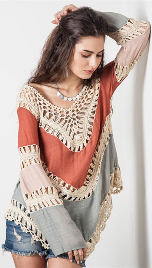 Boho Crochet Color Block Tunic Top - Long Sleeve V-Neck