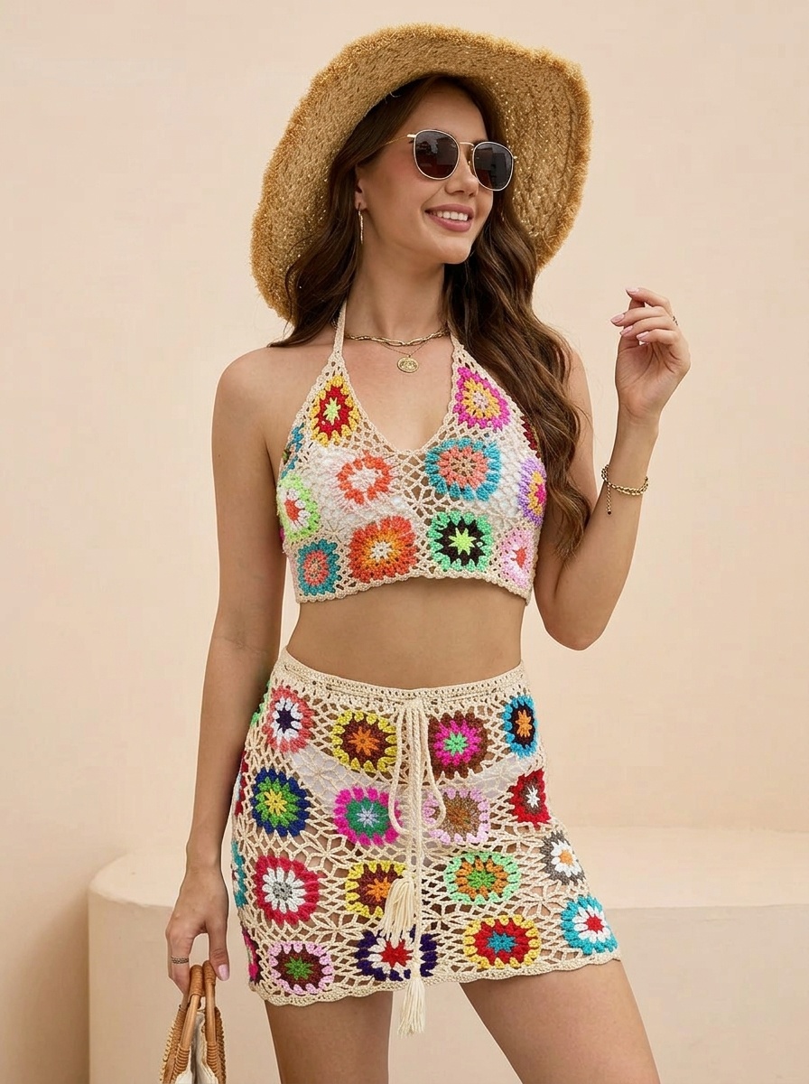 Boho Crochet Halter Crop Top & Mini Skirt Set - Mixed Color