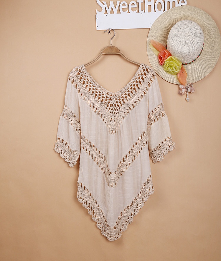 Boho Crochet Lace Beach Cover Up Tunic Dress V-Neck