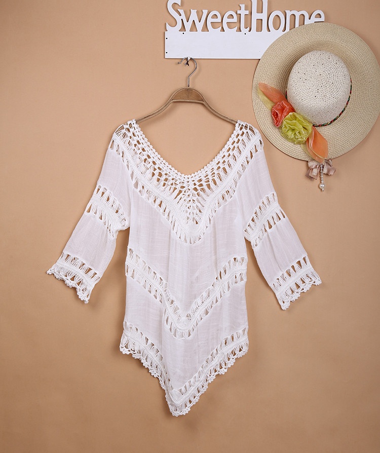 Boho Crochet Lace Beach Cover Up Tunic Dress V-Neck