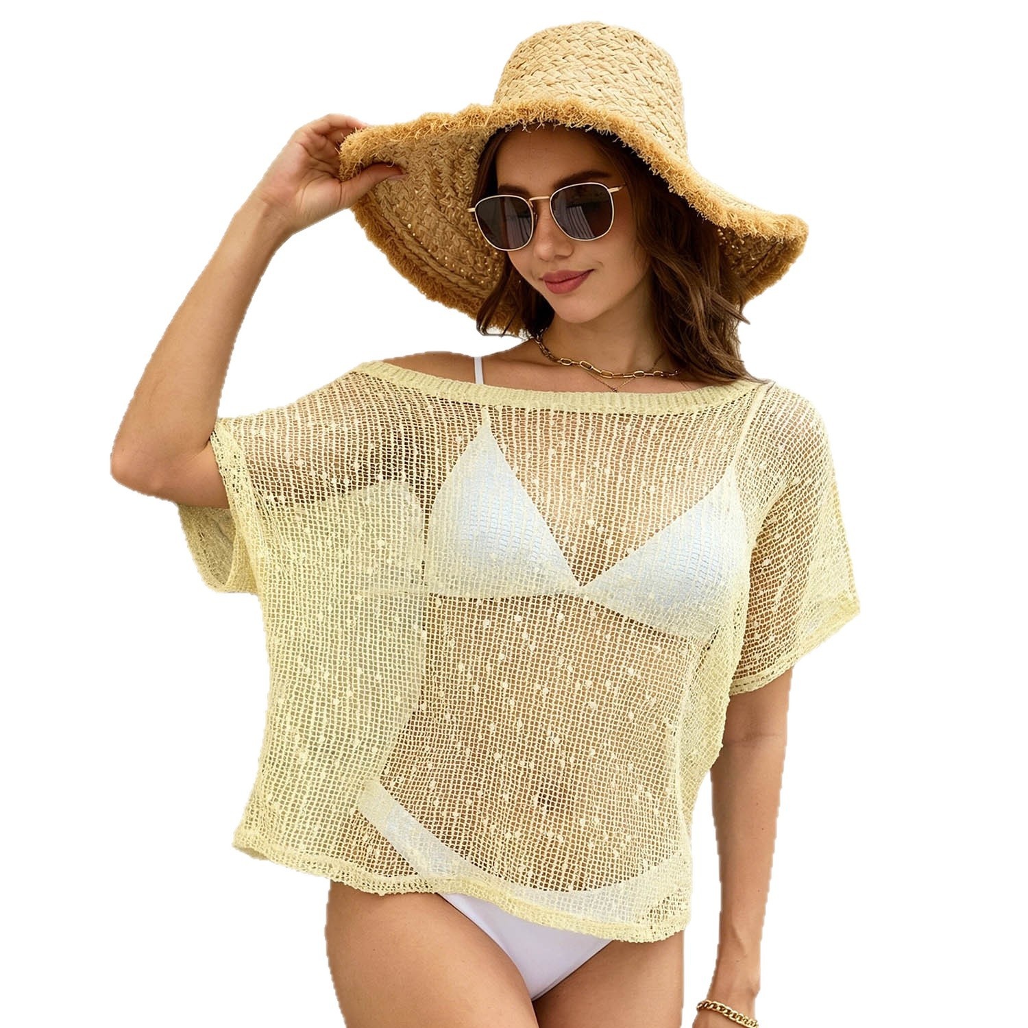 Sheer Knit Beach Cover-Up Top - Loose Fit Short Sleeve