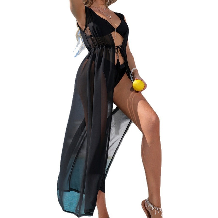 Elegant Sheer Black V-Neck Beach Cover Up Dress for Women