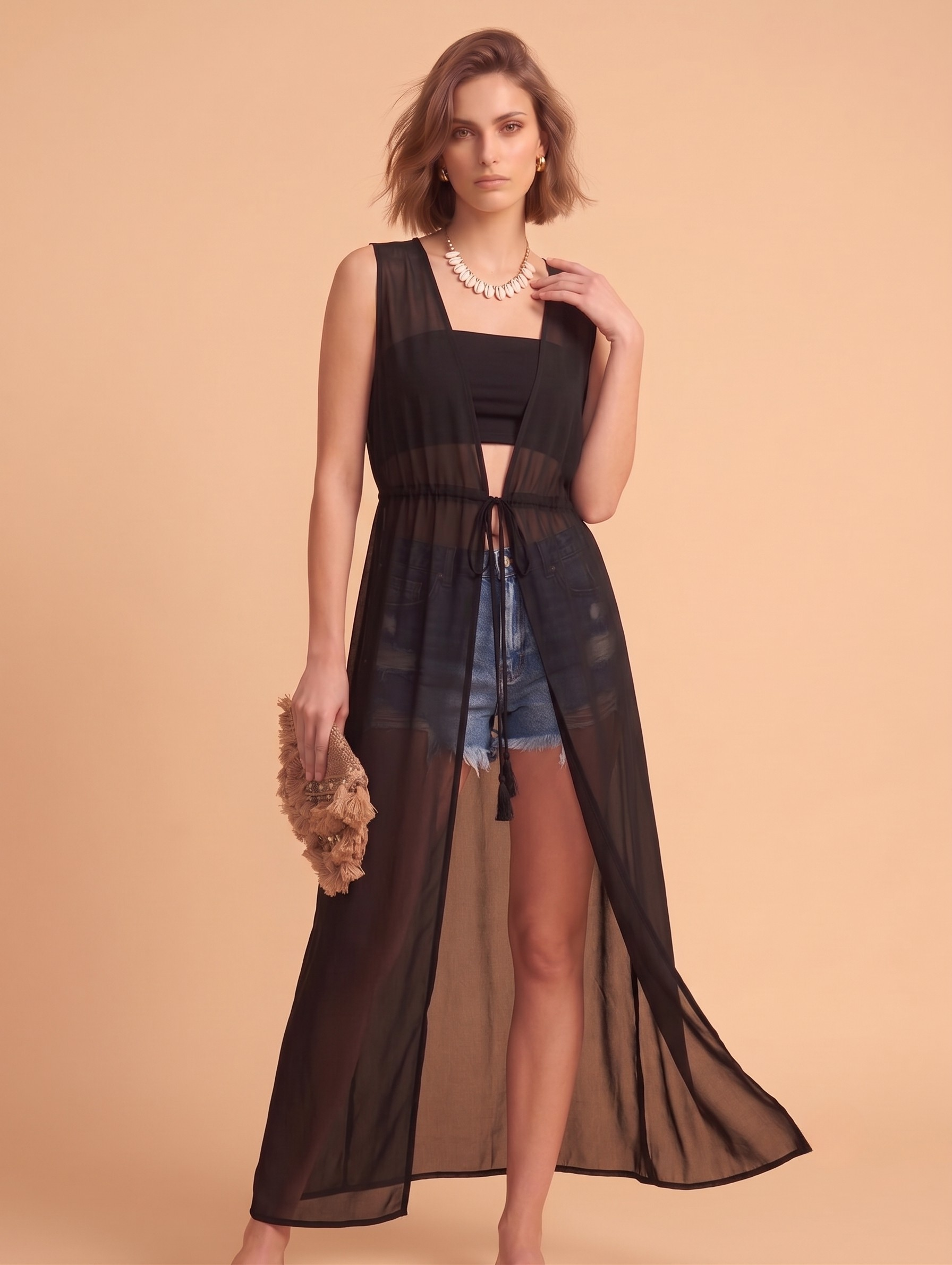 Elegant Sheer Black V-Neck Beach Cover Up Dress for Women