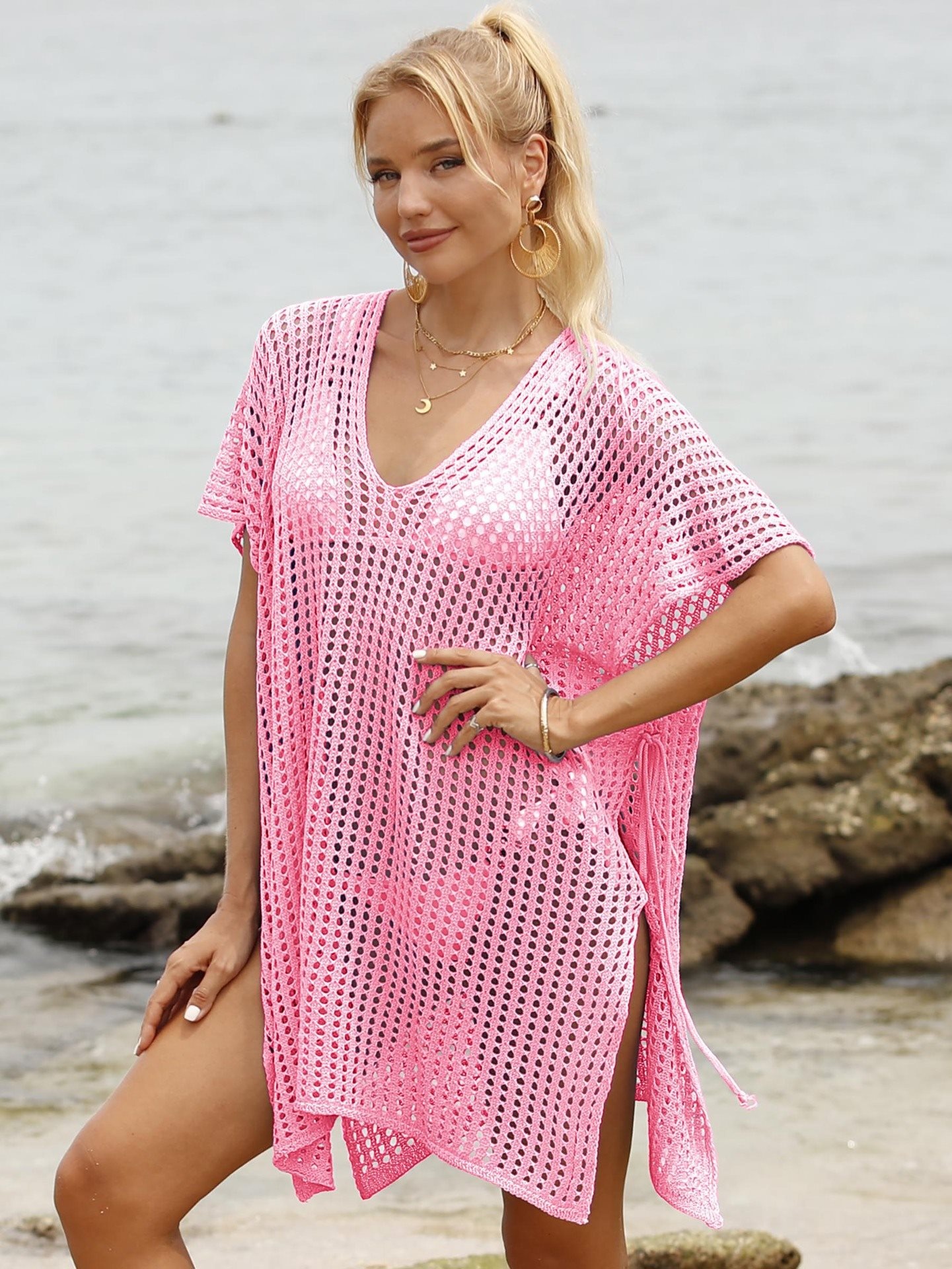 Women's Crochet Knit Beach Cover Up V-Neck Swimsuit Dress