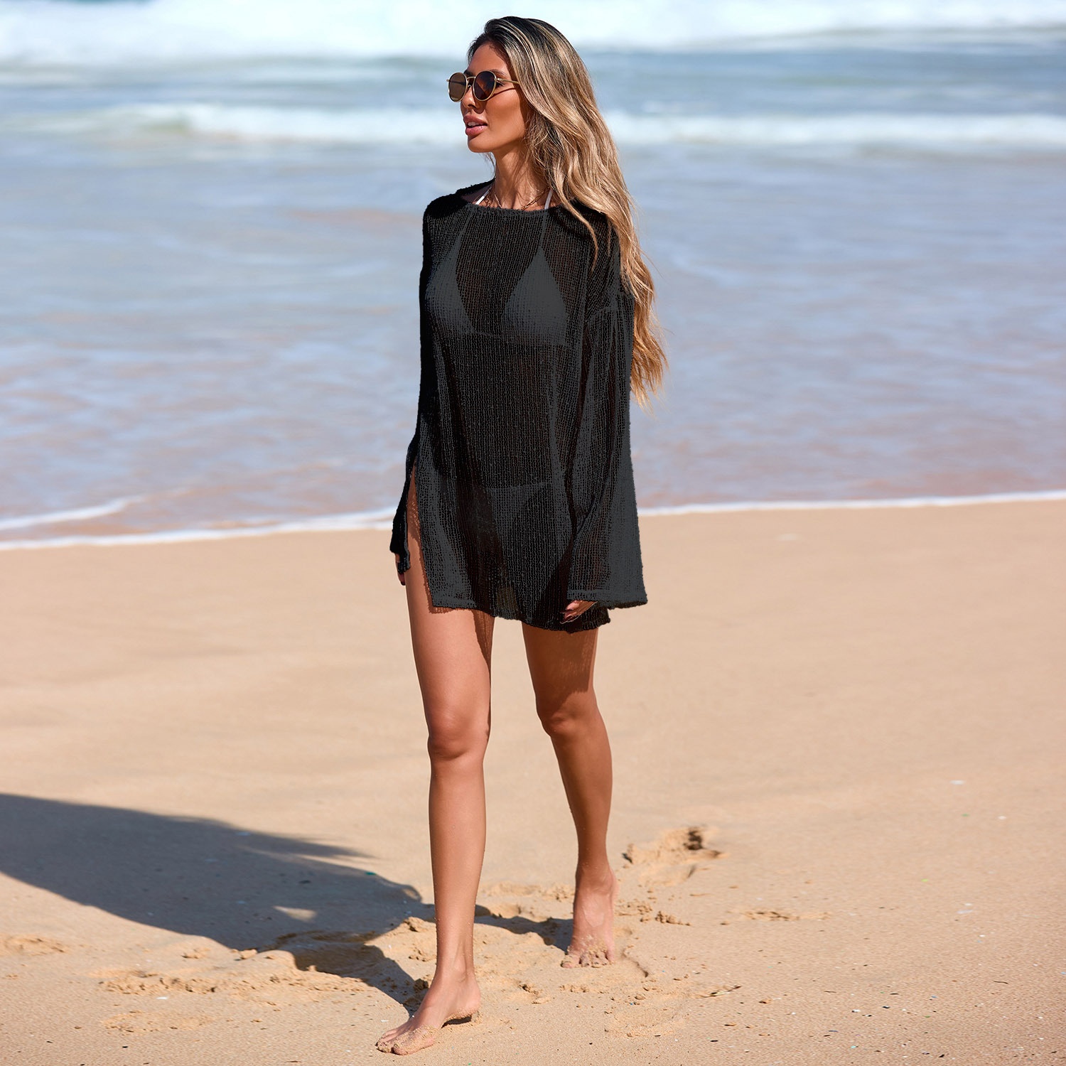 Sheer Knit Beach Cover Up Tunic - Long Sleeve Swimwear