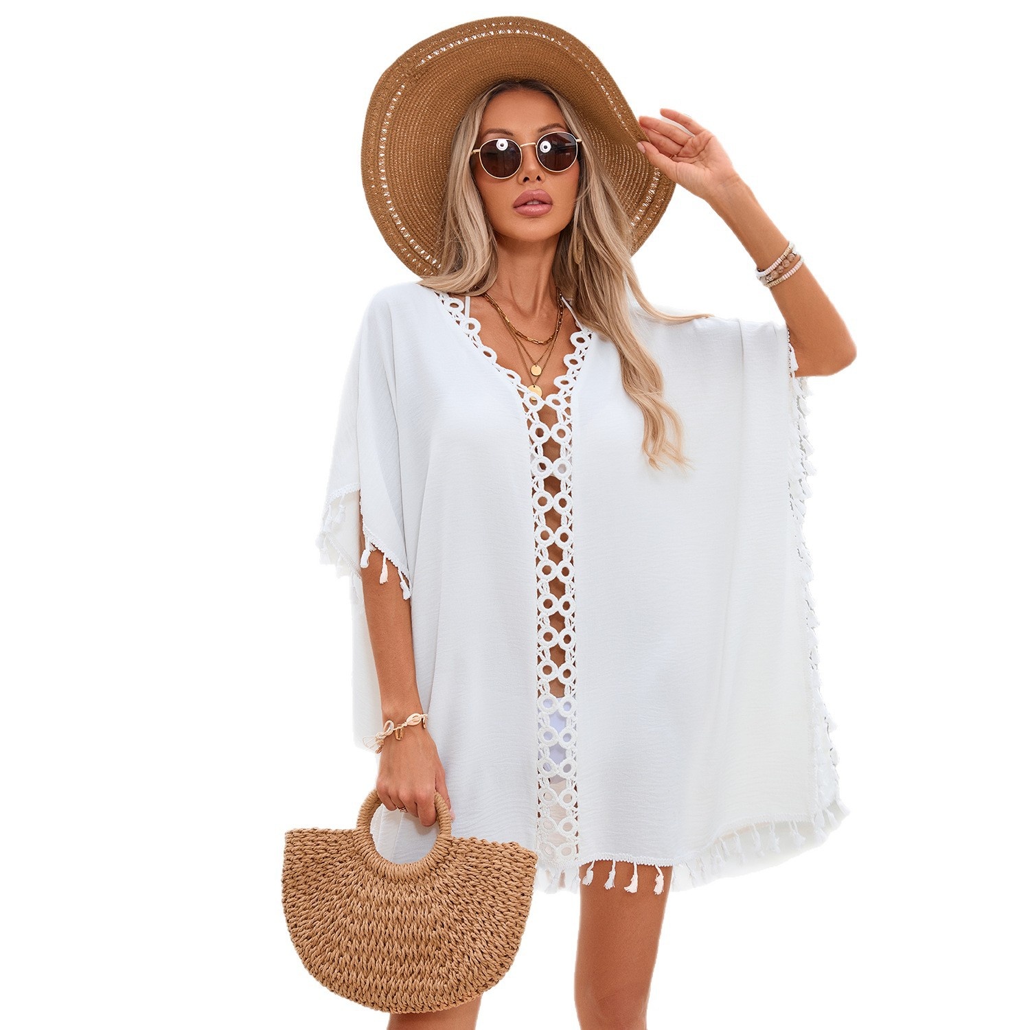 White Crochet V-Neck Tassel Beach Cover Up Kaftan