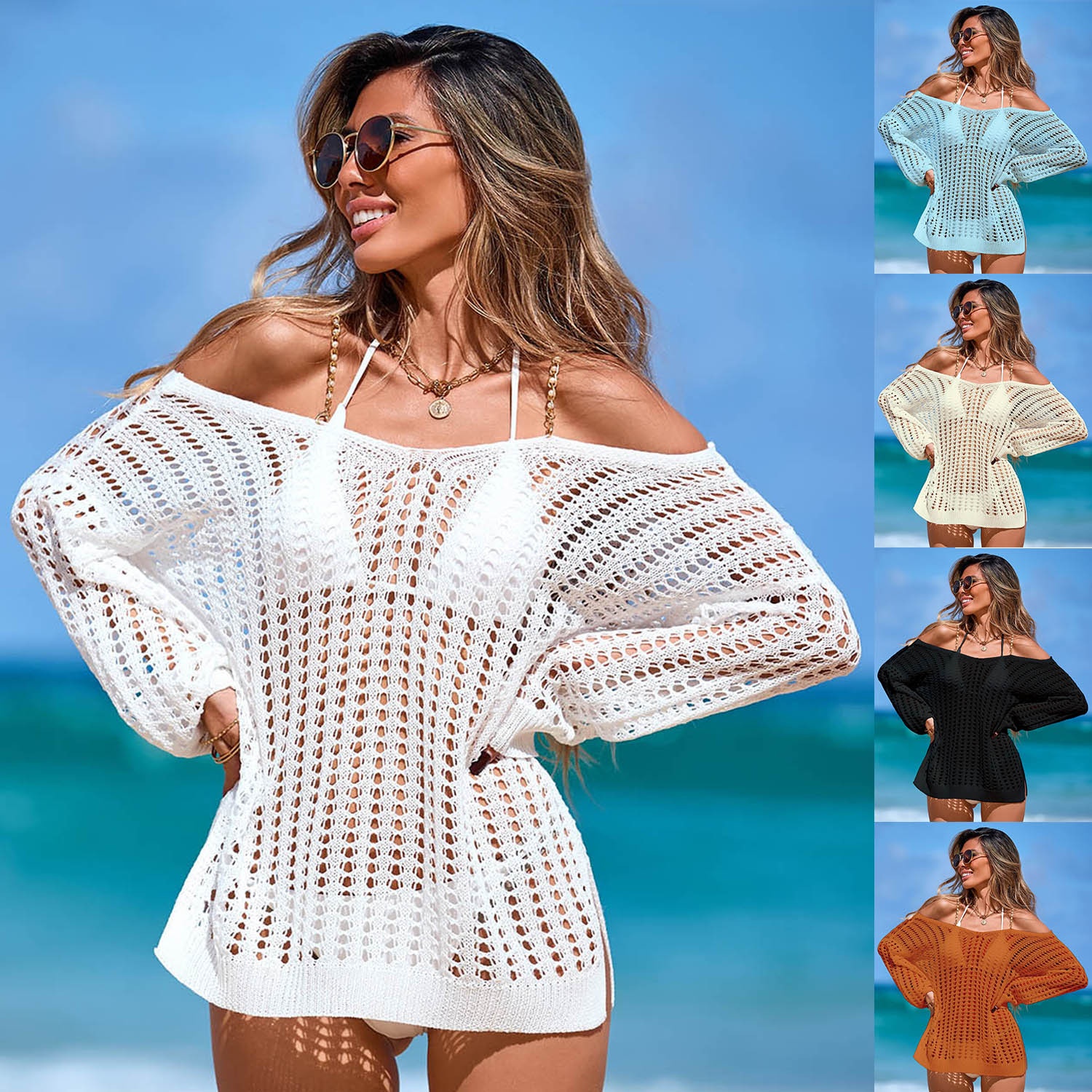 Women's Crochet Knit Off-Shoulder Beach Cover Up Sweater
