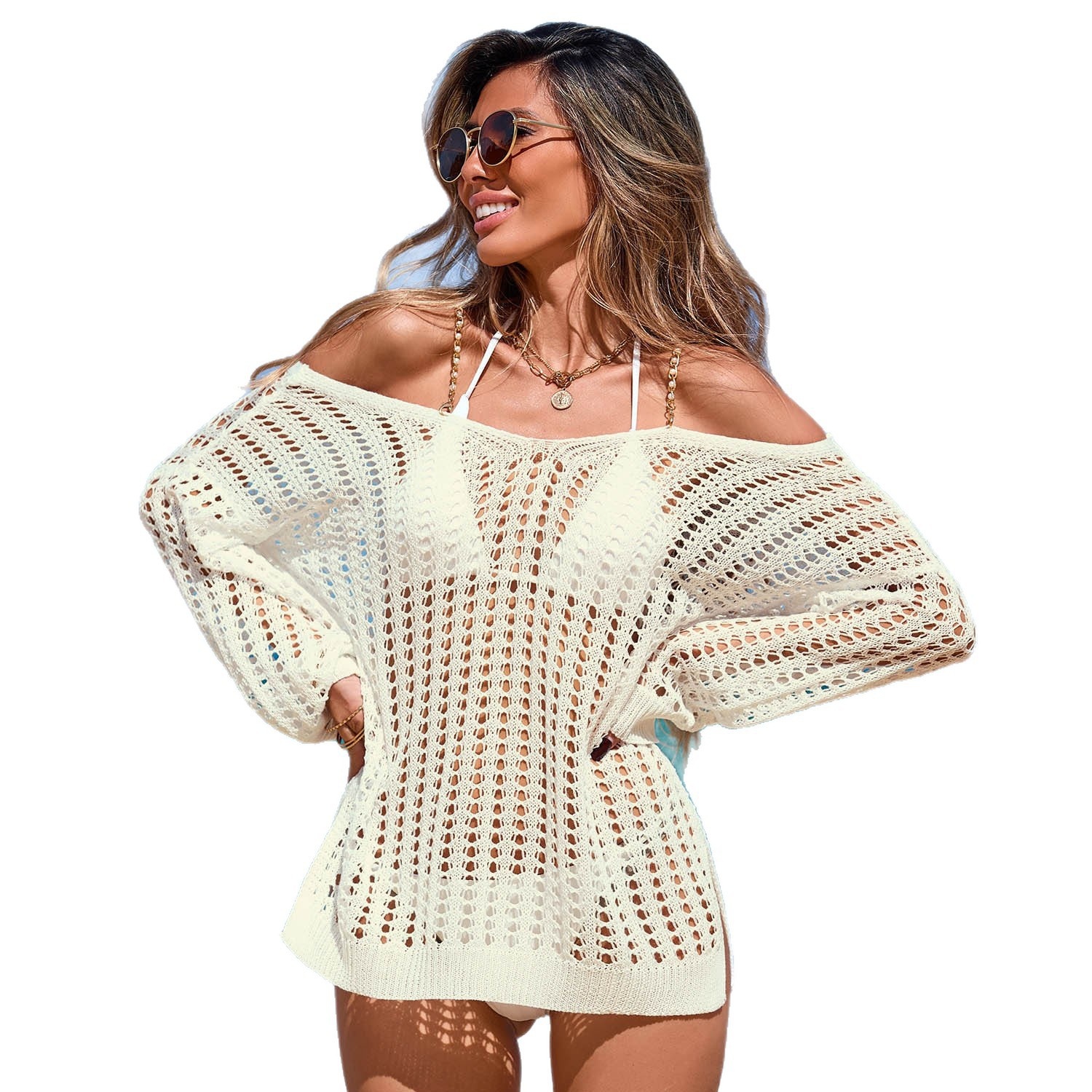 Women's Crochet Knit Off-Shoulder Beach Cover Up Sweater