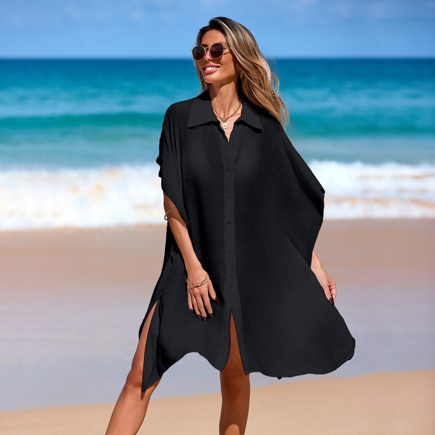 Women's Button-Down Beach Cover Up Shirt Dress