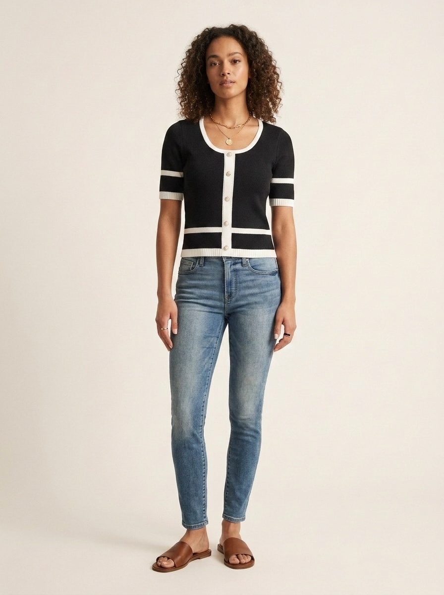 Chic Black & White Knit Cardigan Top - Short Sleeve