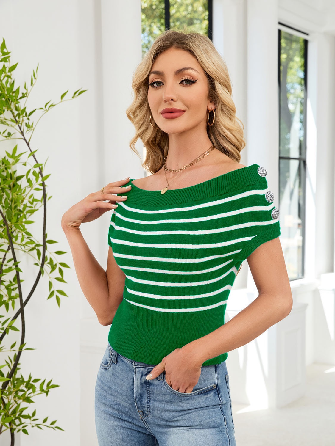 Women's Striped Off-Shoulder Knit Top - Short Sleeve