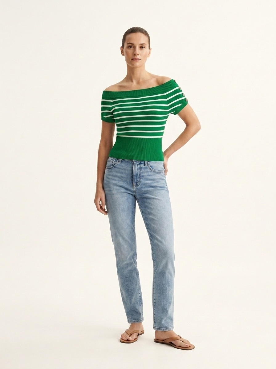 Women's Striped Off-Shoulder Knit Top - Short Sleeve