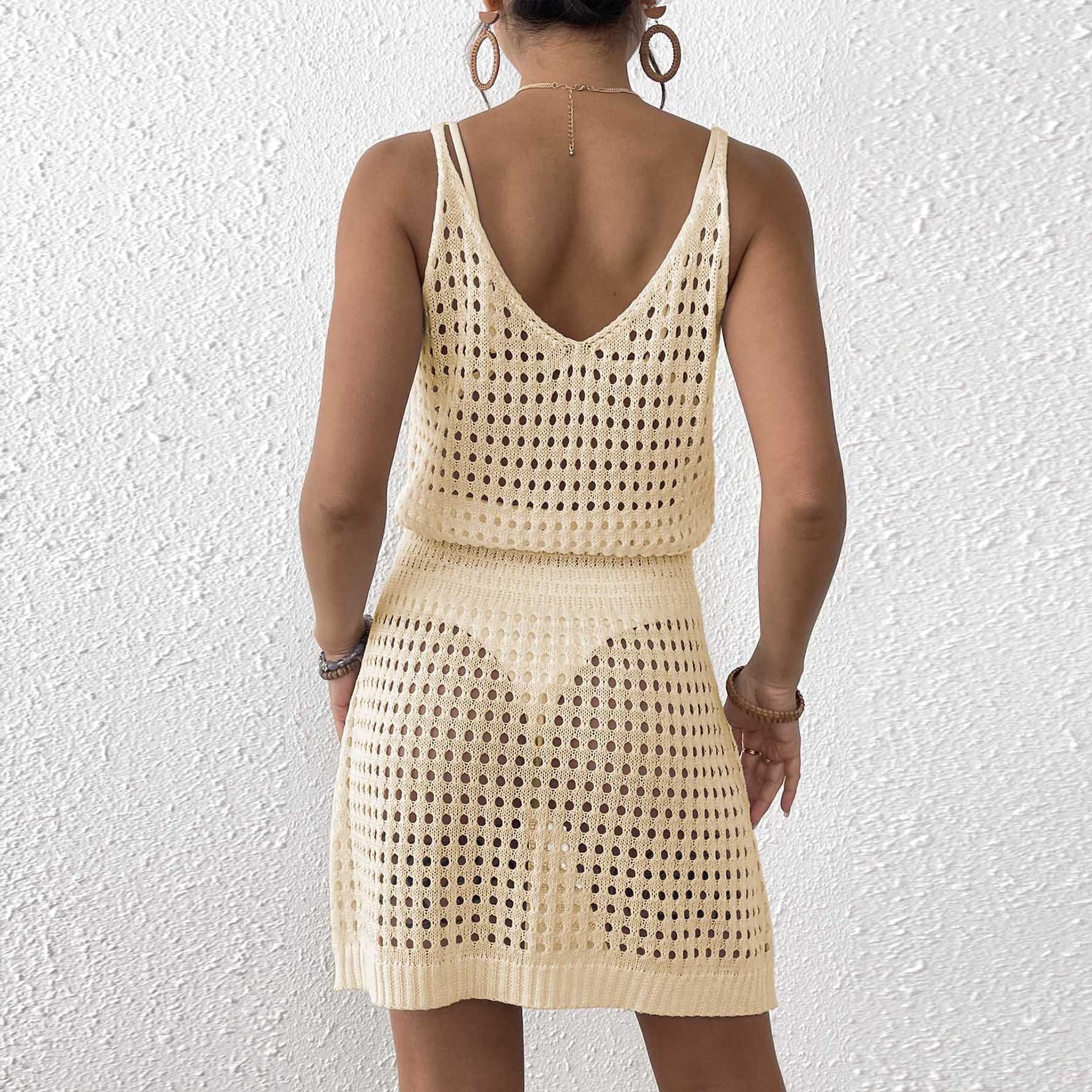 Crochet Knit Beach Cover Up Dress - V Neck Sleeveless Mini