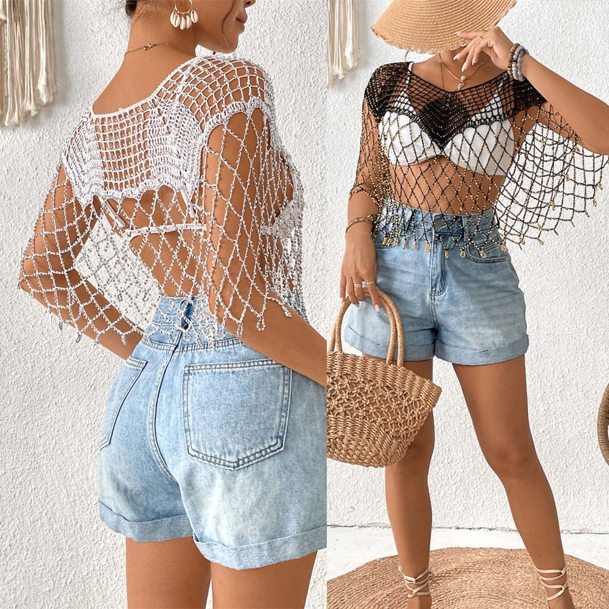 Sparkle Beaded Crochet Beach Cover Up Top